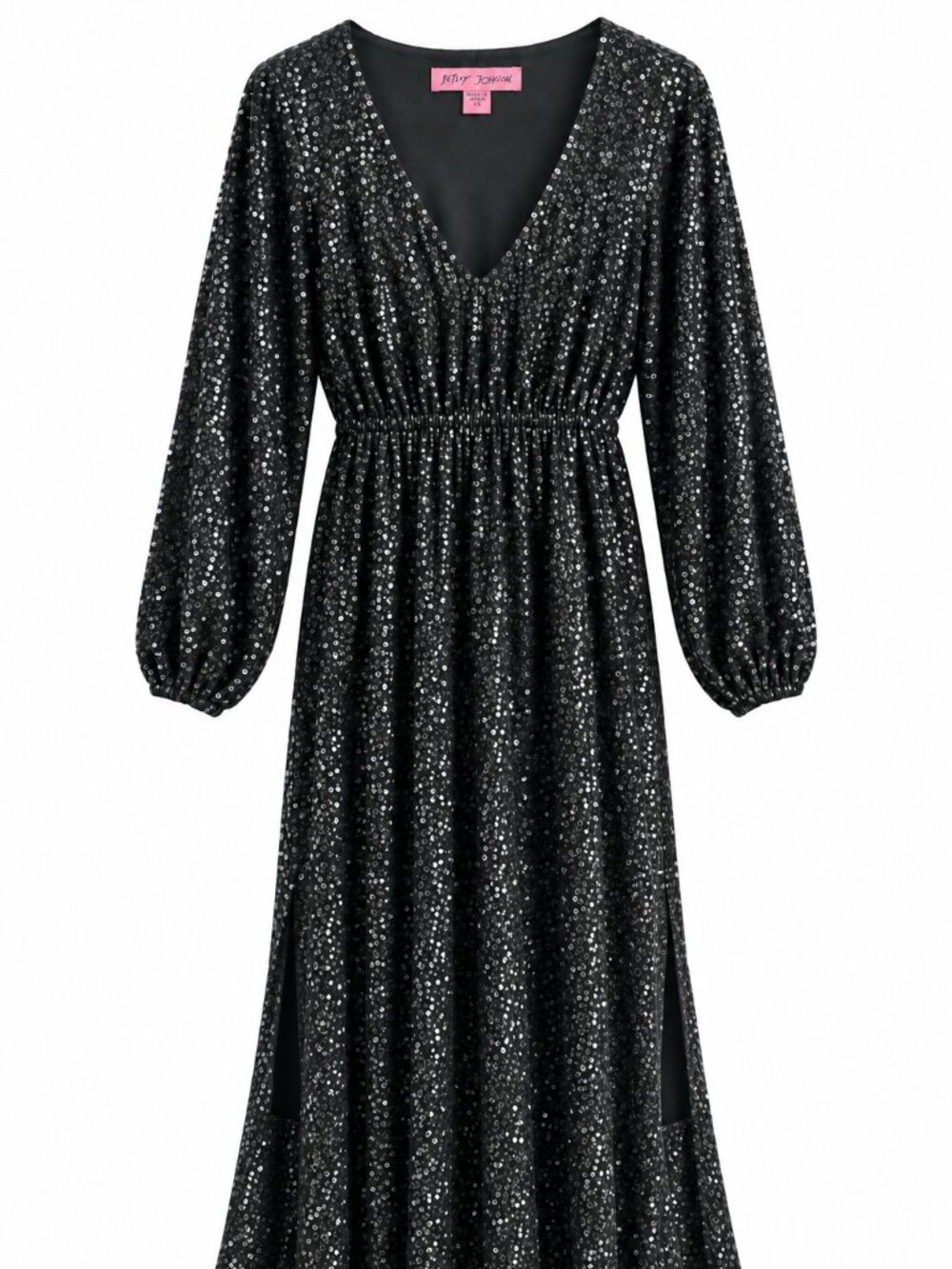 BETSEY JOHNSON Black Sequin V-Neck Empire Waist Midi Dress